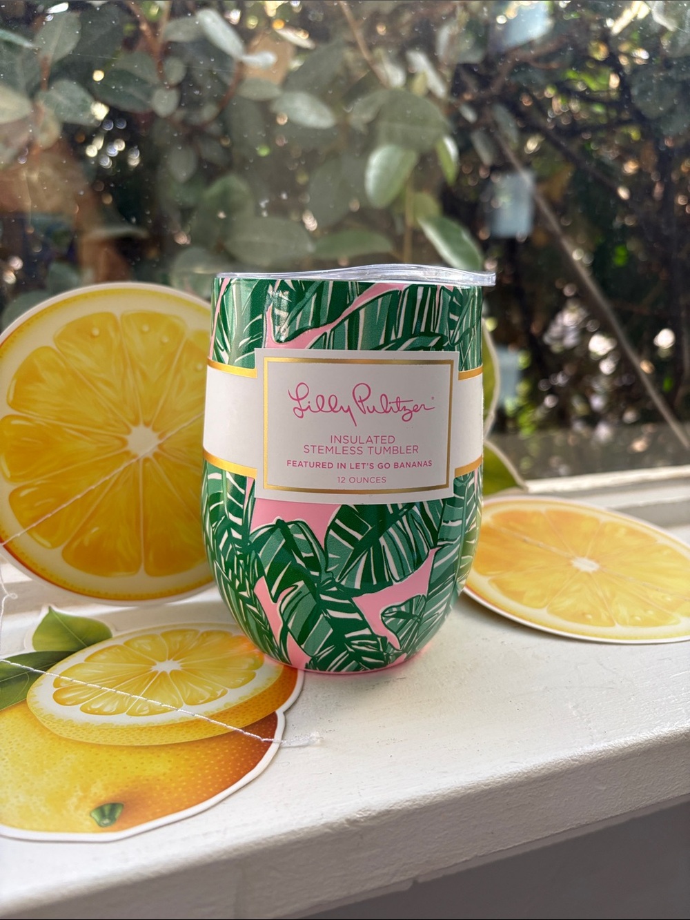 Lilly Pulitzer Pink & Green Leaf Print Insulated Stemless Tumbler